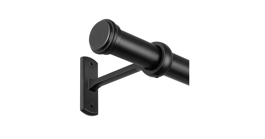 Ebony wood sleek curtain rod, dark lacquer finish, sophisticated living‑room, modern elegance