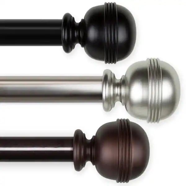 sleek brushed‑brass curtain rod with geometric finials, living‑room, modern vibe