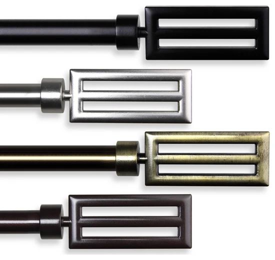 matte black metal curtain rod with industrial brackets, living‑room, edgy aesthetic