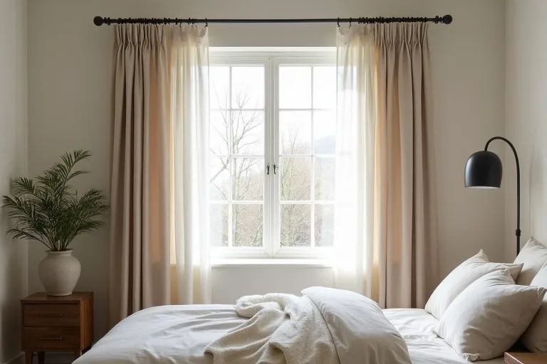 antique wrought‑iron curtain rod with decorative scrolls, living‑room, classic heritage look