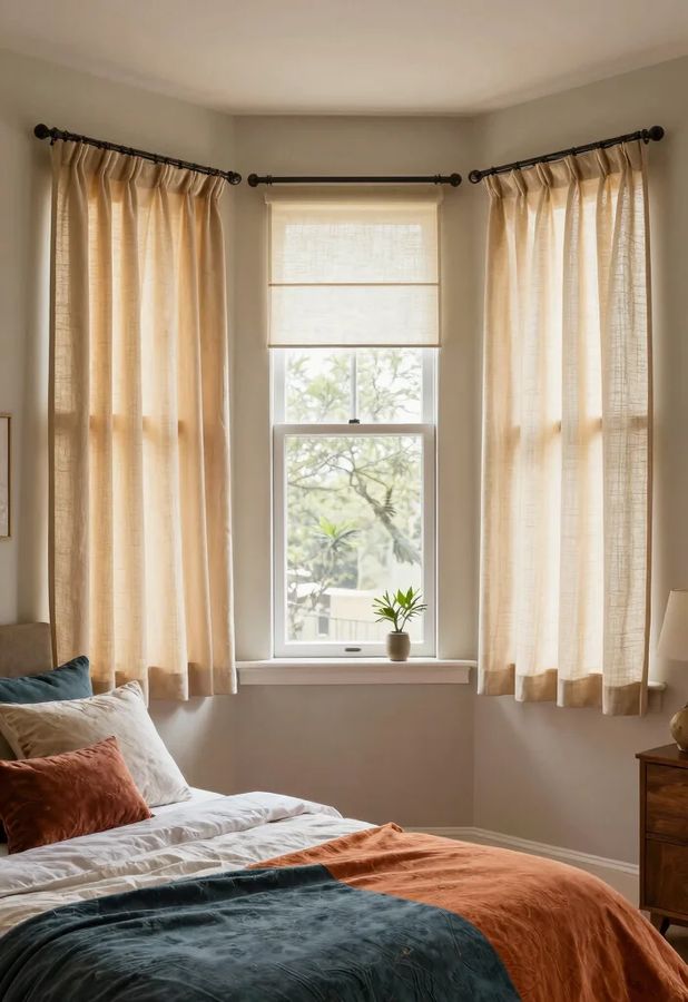 pastel powder‑coated metal curtain rod with sleek mounts, living‑room, soft contemporary vibe