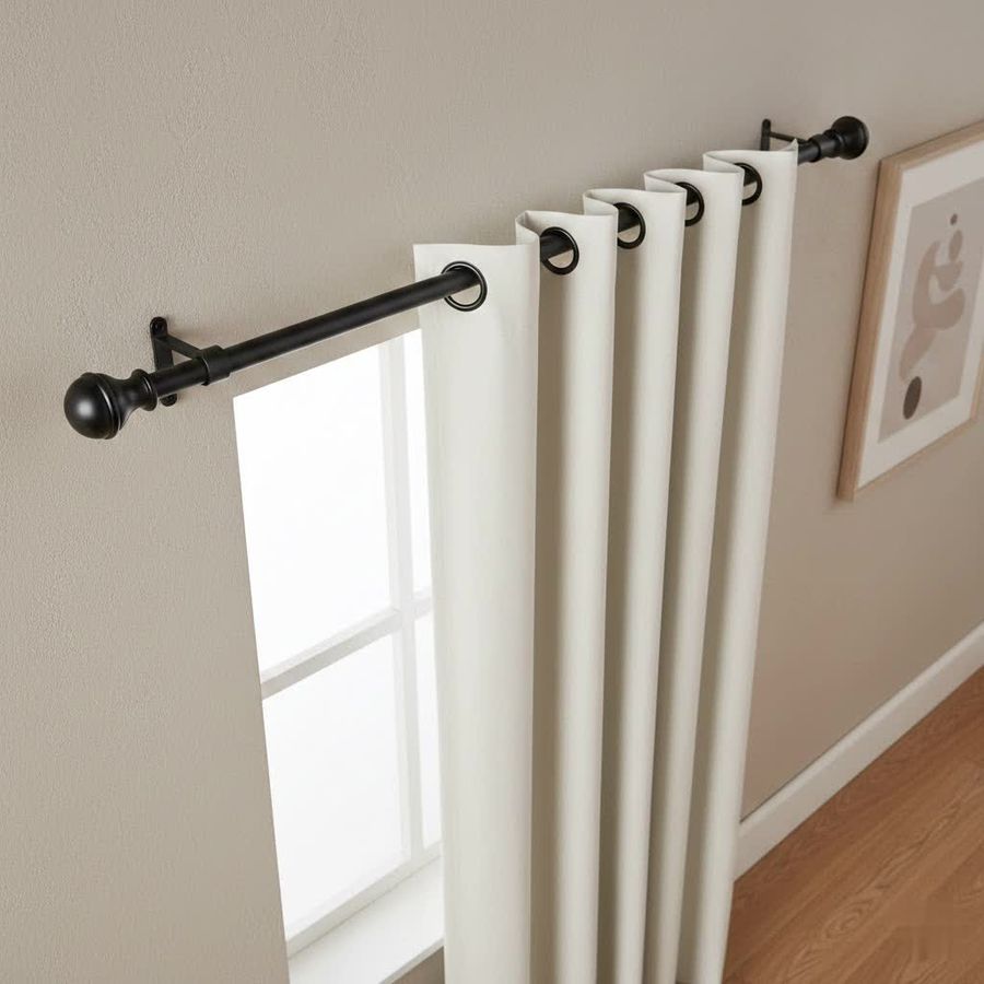 matte gunmetal metal curtain rod with angular brackets, living‑room, sleek contemporary style
