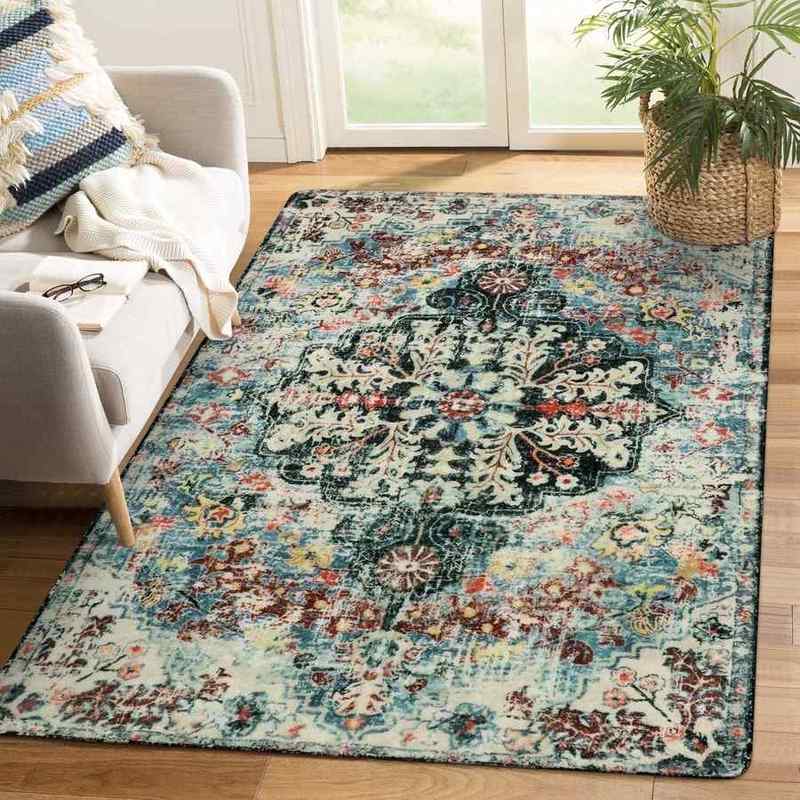 Modern metallic kilim rug, silk‑blend fibers, deep navy pattern, contemporary living‑room