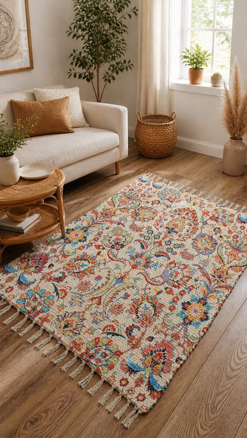 Hand‑knotted silk rug, vibrant tile pattern, jewel tones, exotic living‑room décor