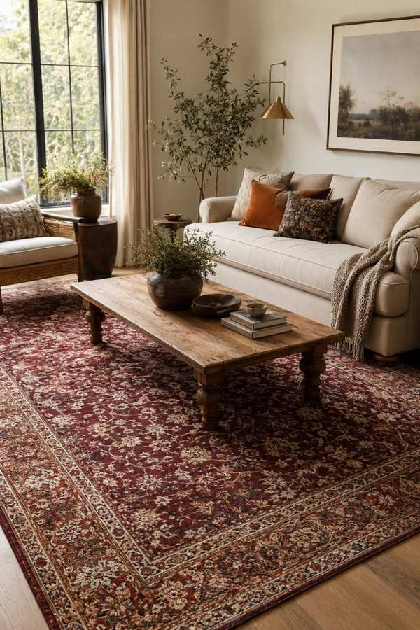 Hand‑loomed wool rug, distressed barn motif, warm earth tones, farmhouse living‑room