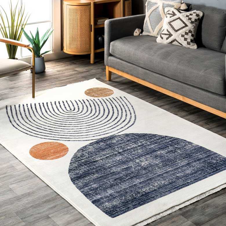 High‑contrast black‑and‑white geometric wool rug, modern pattern, sleek living‑room, thick pile