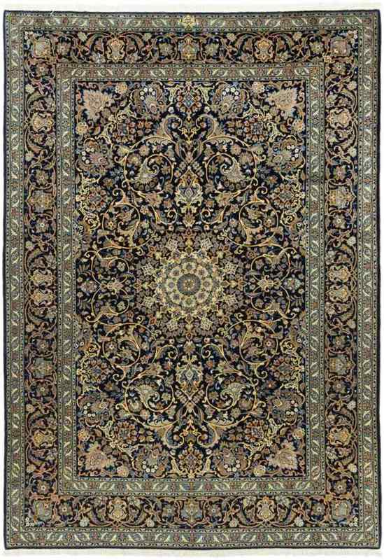 Traditional Persian rug, hand‑knotted wool, deep reds and blues, classic living room