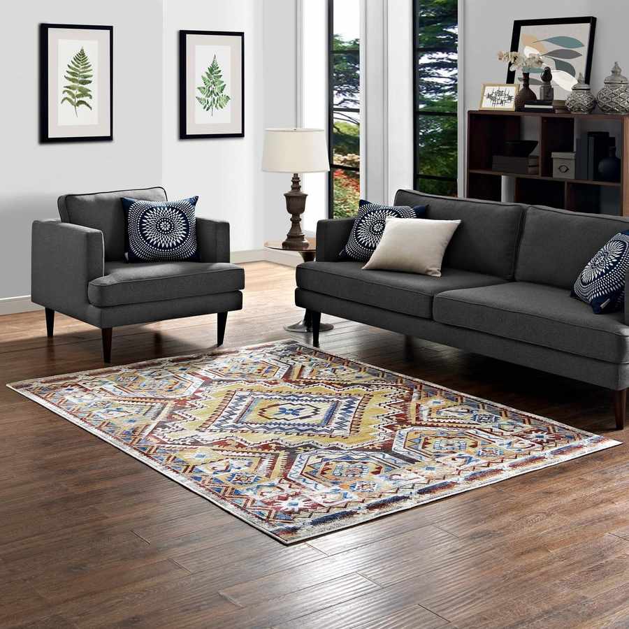 Soft wool area rug, thick pile, muted pastel tones, Nordic living room