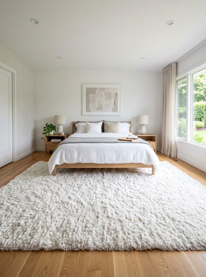 Black‑and‑white striped rug, flat‑weave cotton, modern minimal living room