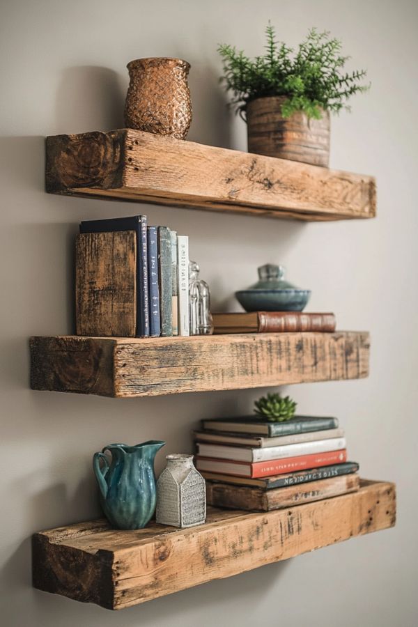 Rustic walnut floating shelf, open design, living room wall, warm natural wood tones.
