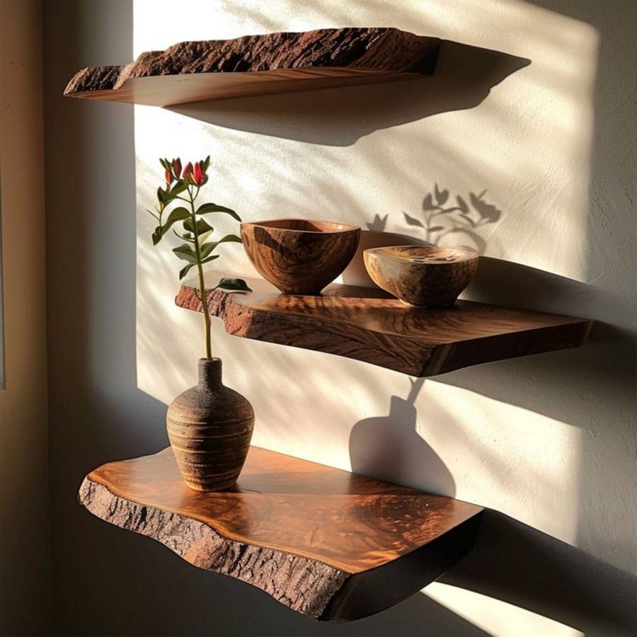 White oak floating shelf, Scandinavian design, living room wall, light natural finish.