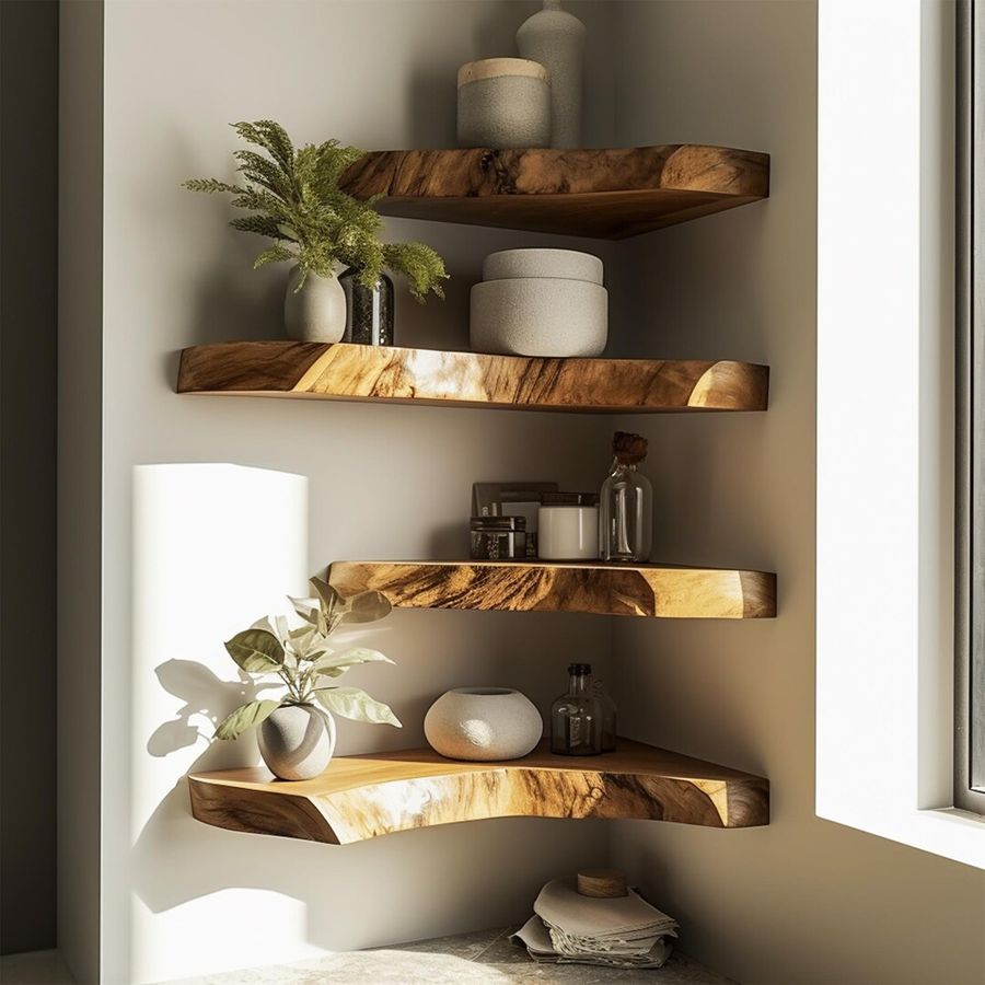 Reclaimed pine floating shelf, eco-friendly, living room wall, rustic charm.