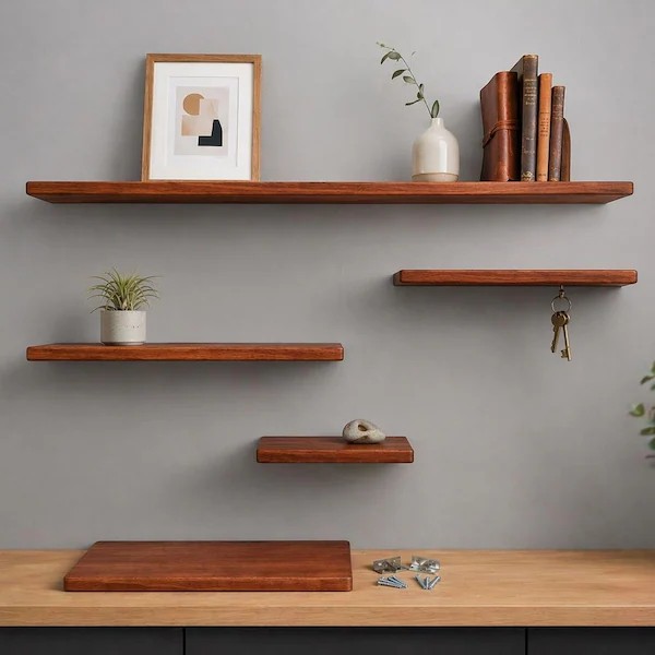 Macramé floating shelf, boho chic, living room wall, natural fiber texture.