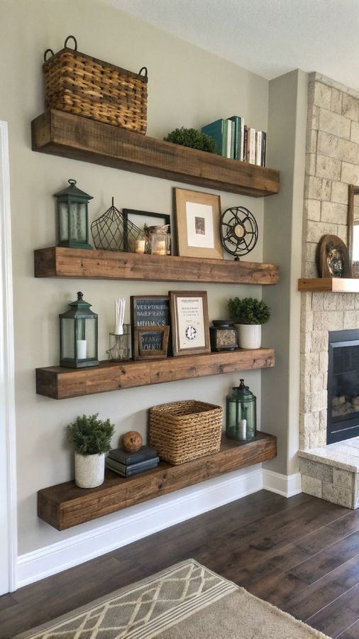 Mixed‑material floating shelf, layered design, living room wall, wood and metal blend.