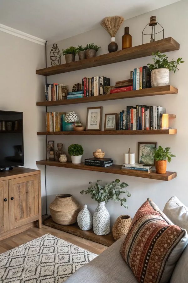 Barnwood floating shelf, metal brackets, living room wall, rustic industrial style.