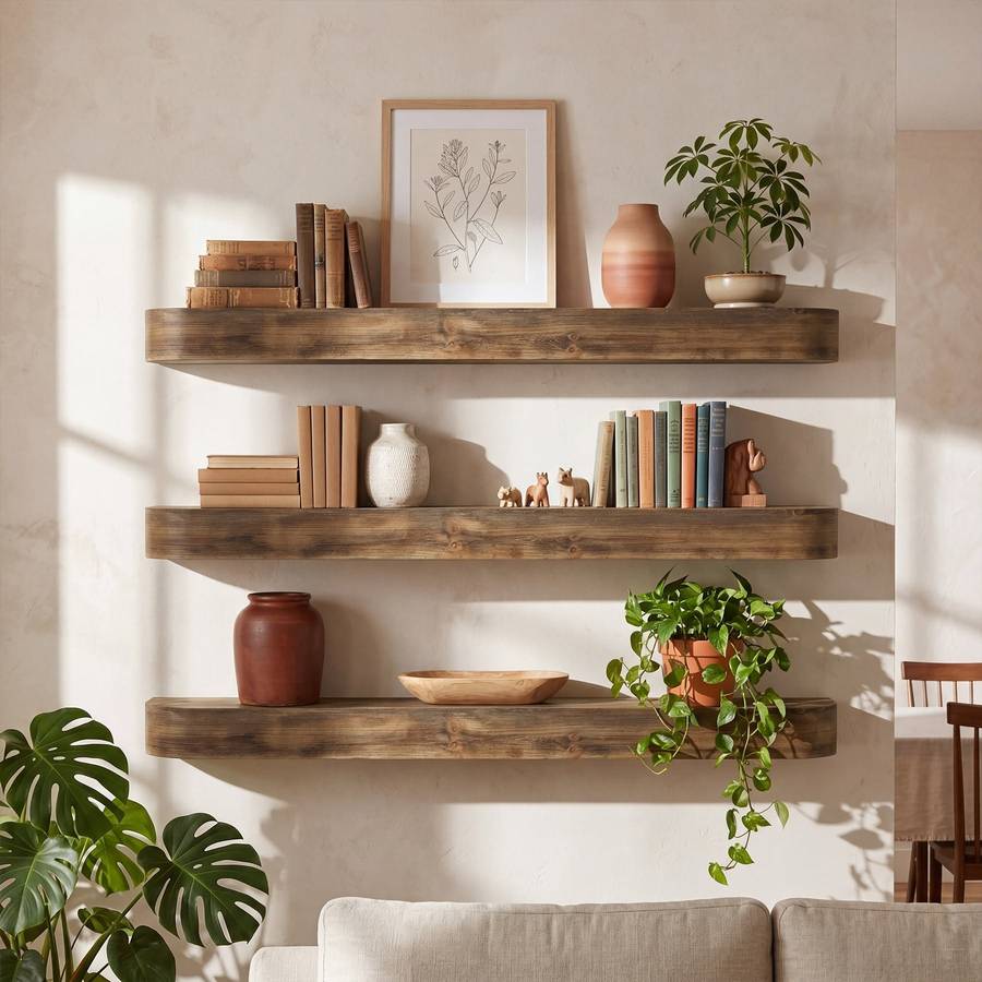 Curved acrylic floating shelf, modern design, living room wall, transparent elegance.