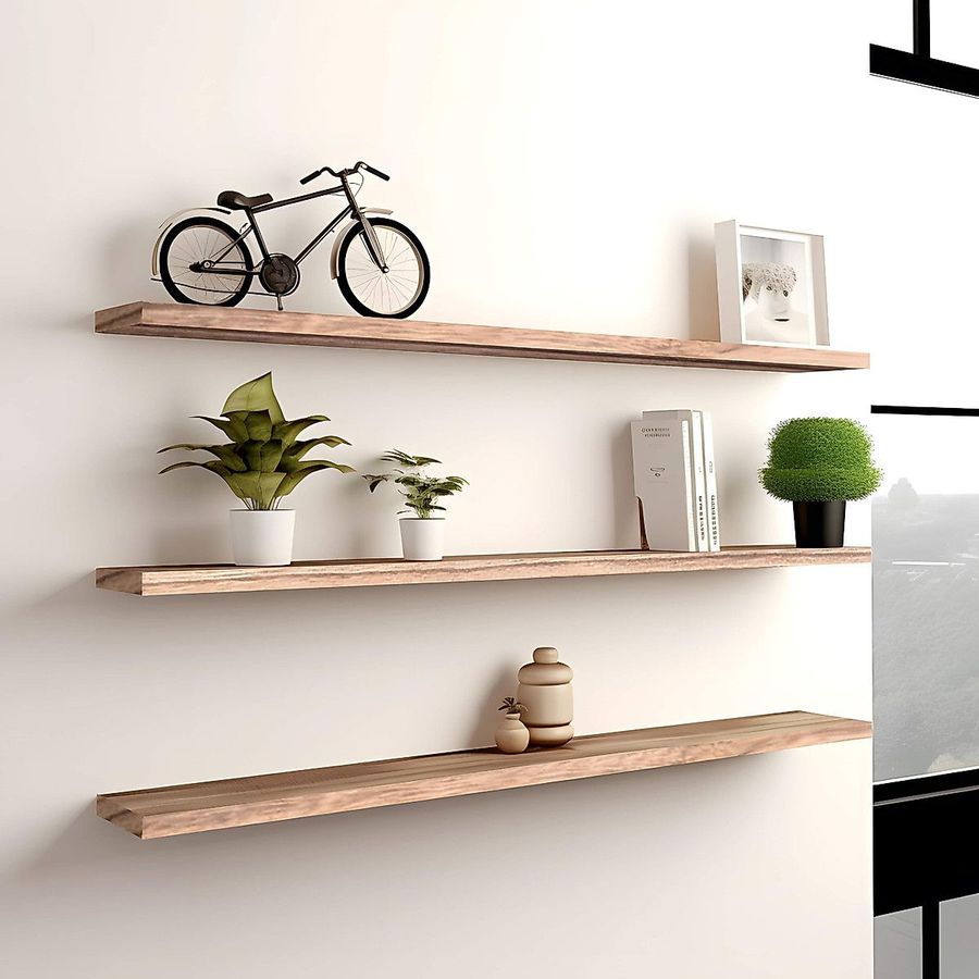 Floating shelf in matte black finish, hardwood plank, mounted on hidden brackets, living‑room accent