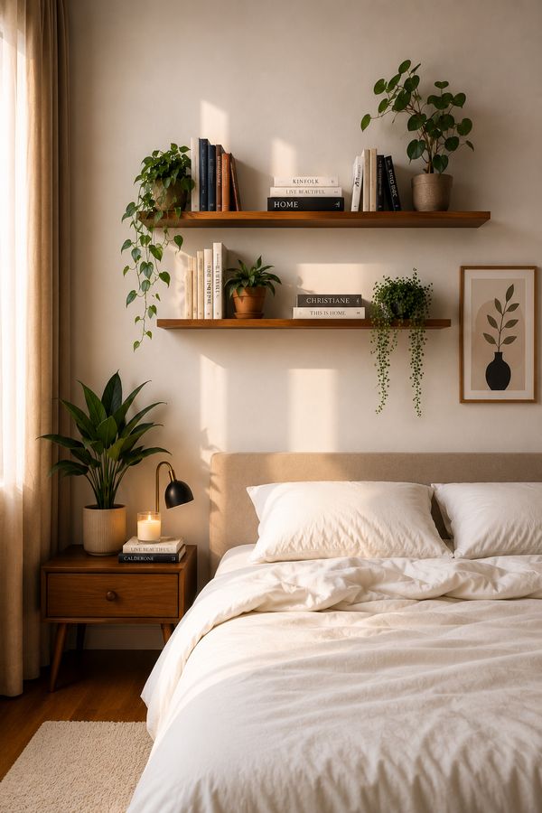 Floating shelf made of white acrylic, sleek finish, hidden mounting, bright living‑room accent
