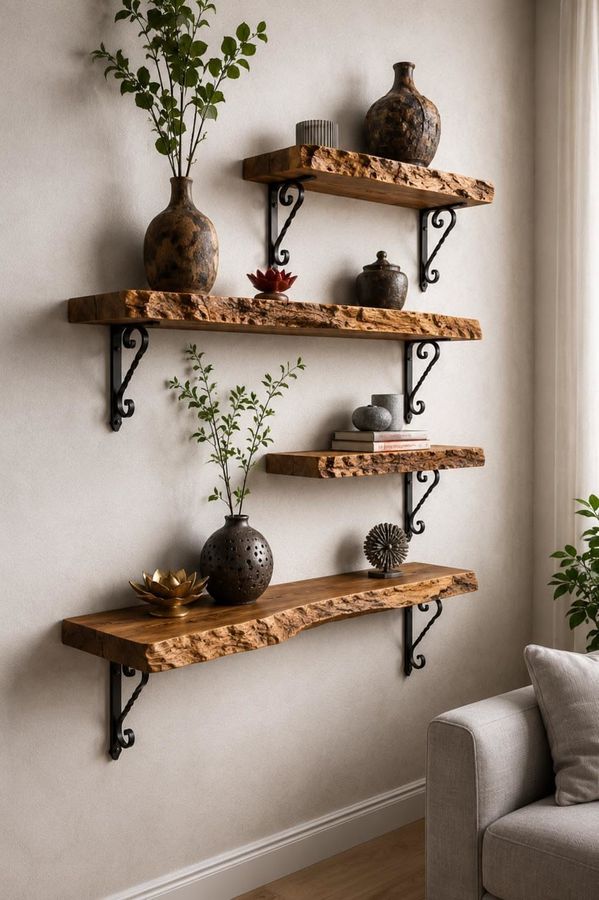 Floating shelf made of black metal, matte finish, hidden mounting, contemporary living‑room décor