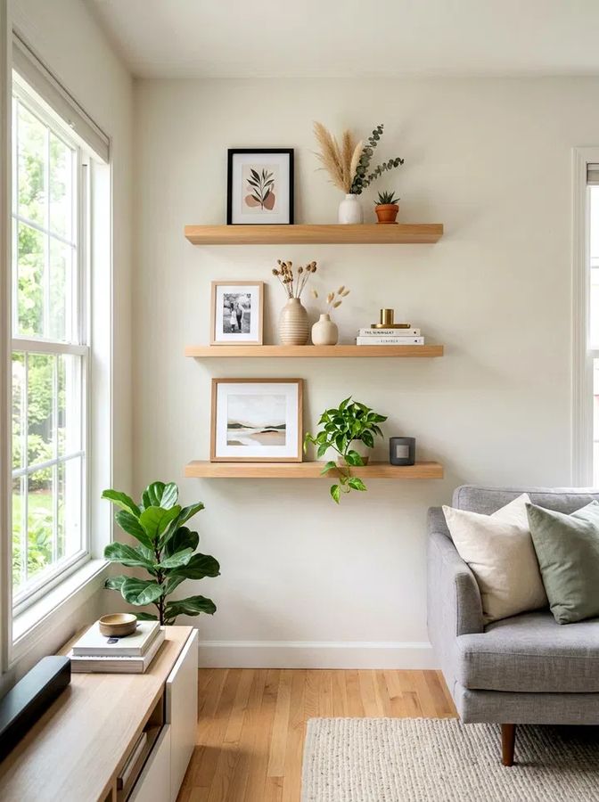 Floating shelf featuring reclaimed cedar, iron brackets, rustic finish, living‑room charm