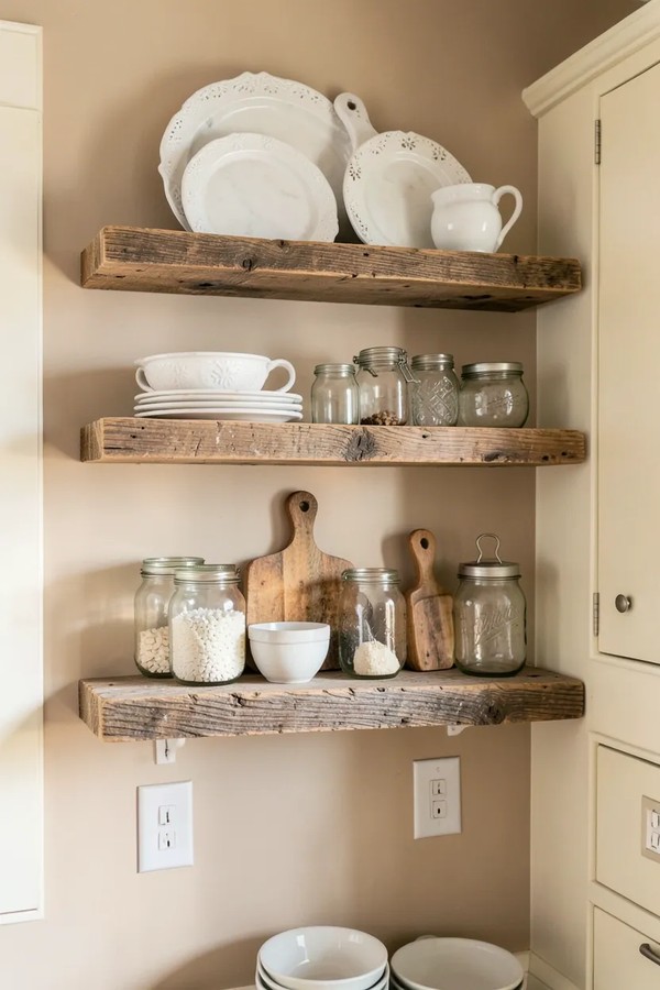 Floating shelf with black rail, natural wood plank, hidden mounting, modern living‑room décor
