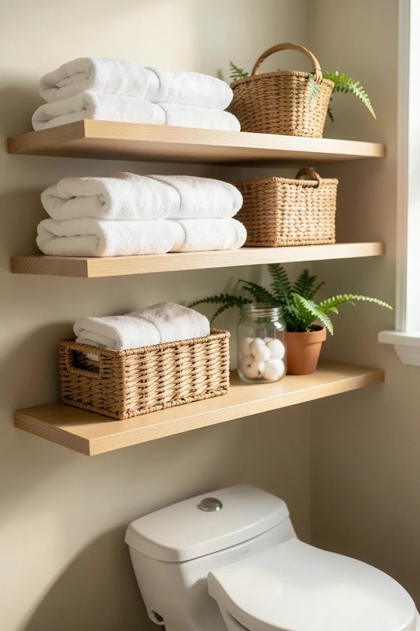 Floating shelf with glass rail, natural wood plank, hidden mounting, modern living‑room style
