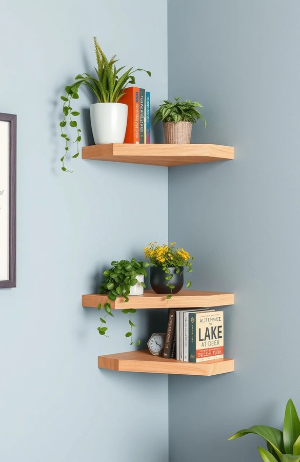 Floating shelf with cedar plank, iron rail, hidden mounting, rustic living‑room charm