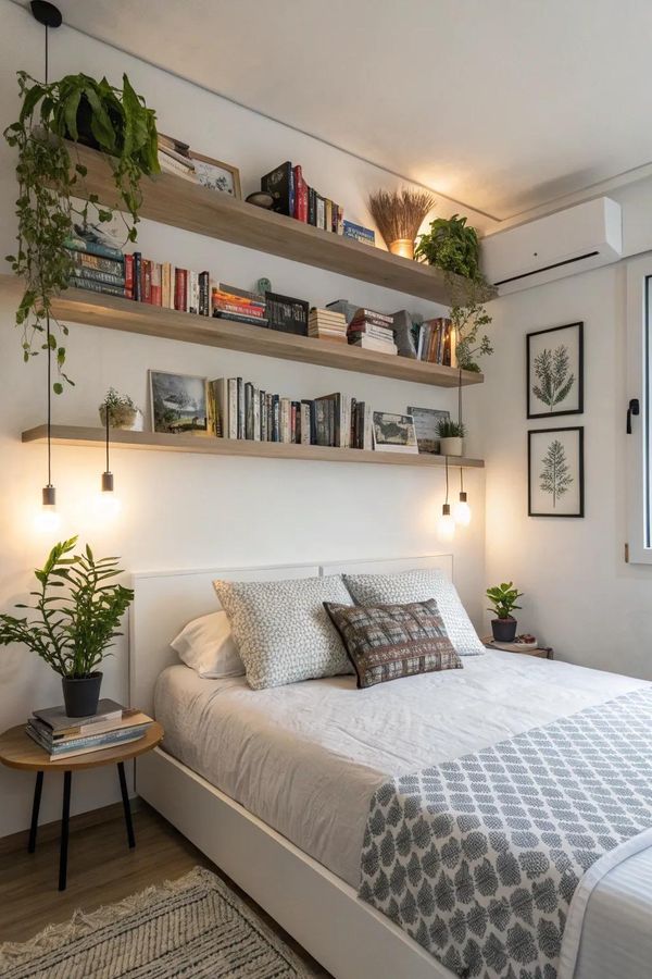 Floating shelf with white wood rail, natural finish, hidden mounting, bright living‑room décor