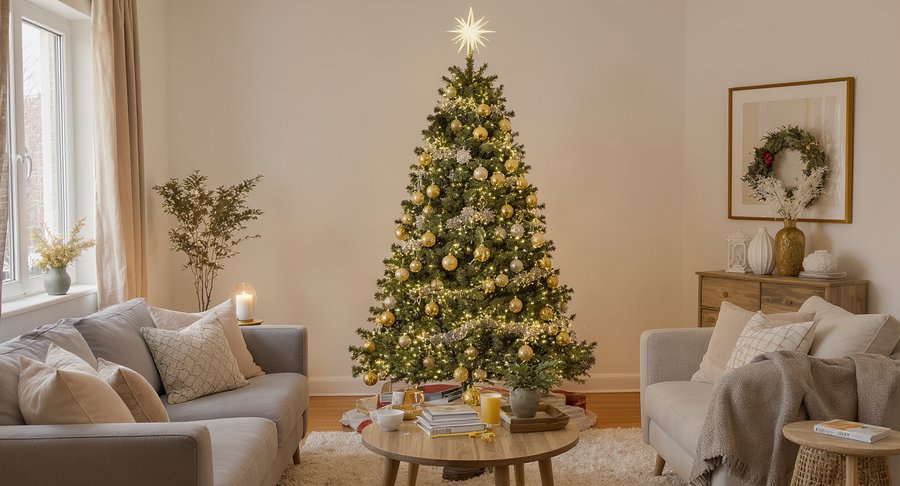 Sparkling silver spruce tree, reflective needles, tripod base, festive living room décor
