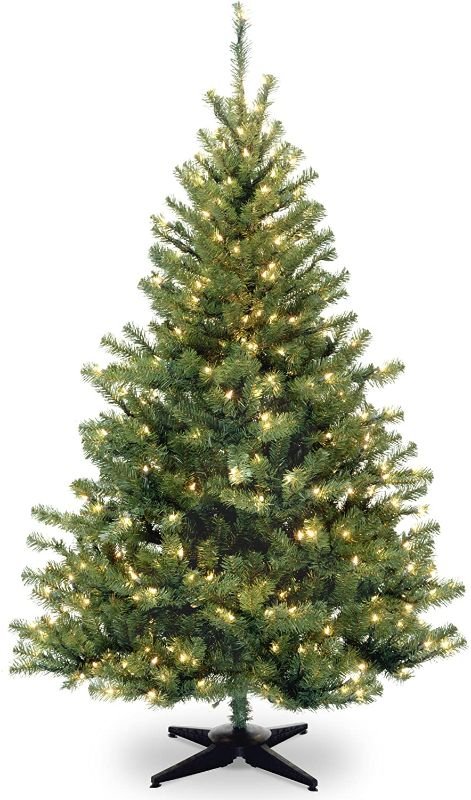 Deep red artificial tree, lush needles, pedestal base, traditional living room décor